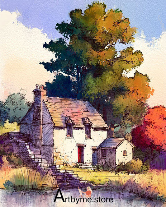 Cozy Stone Cottage Autumn Landscape – Watercolor Printable Art