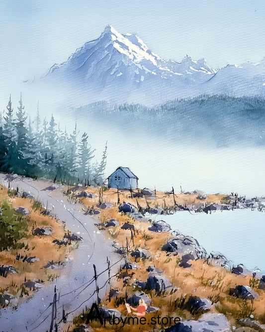 Solitary Cabin Under Snowy Peaks – Winter Mountain Printable Art