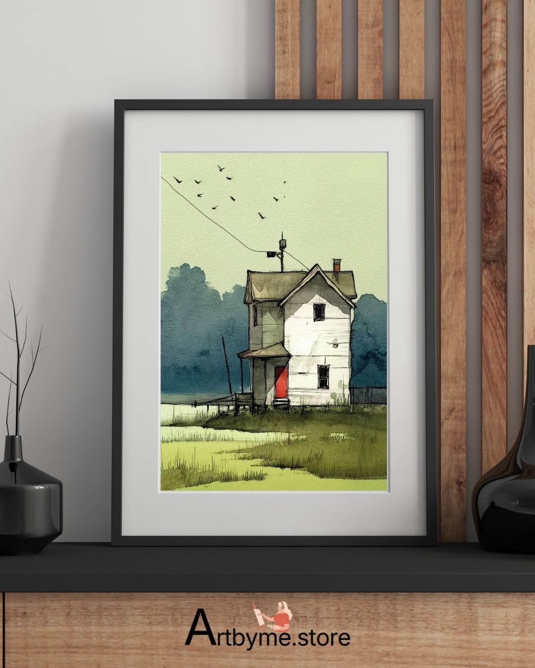 Lonely House with Red Door - Minimalist Watercolor Landscape Printable Wall Art