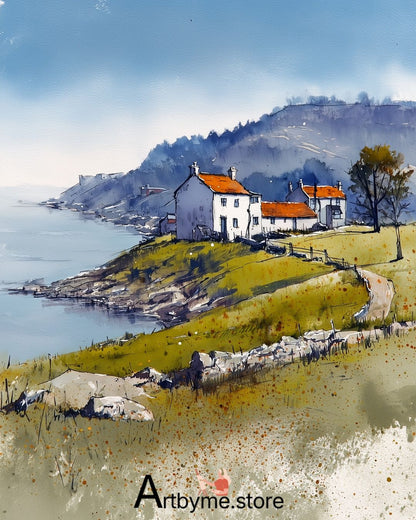 Red Roof Coastal Village Art – Scenic Watercolor Printable