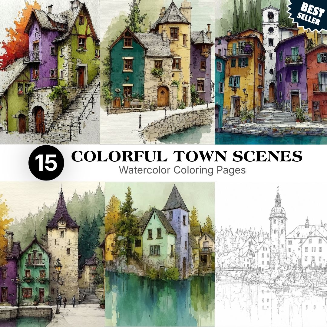 15 Colorful Town Scenes Watercolor Coloring Pages