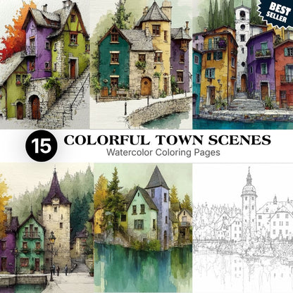15 Colorful Town Scenes Watercolor Coloring Pages