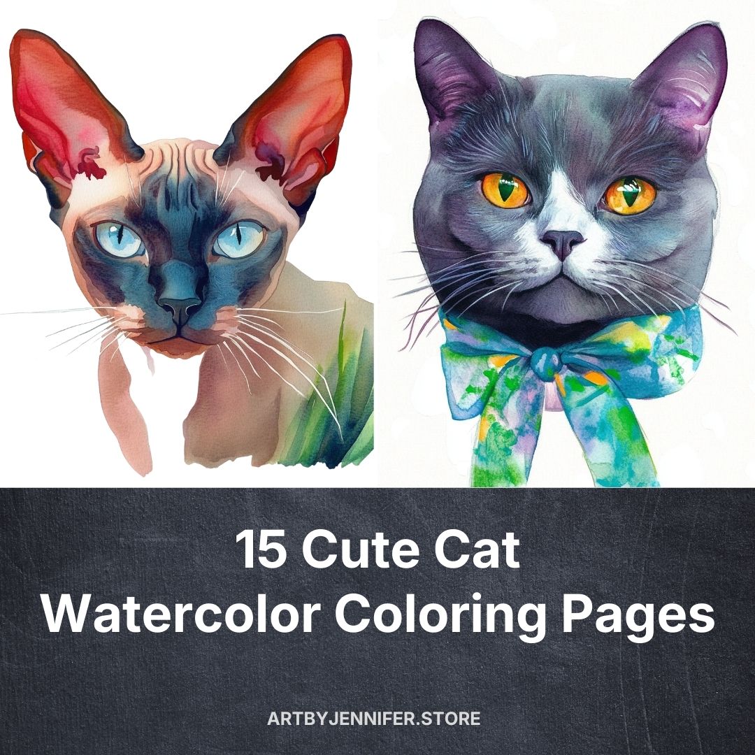 15 Cute Cat Watercolor Coloring Pages