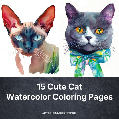 15 Cute Cat Watercolor Coloring Pages