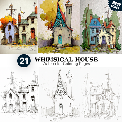 21 Whimsical House Watercolor Coloring Pages