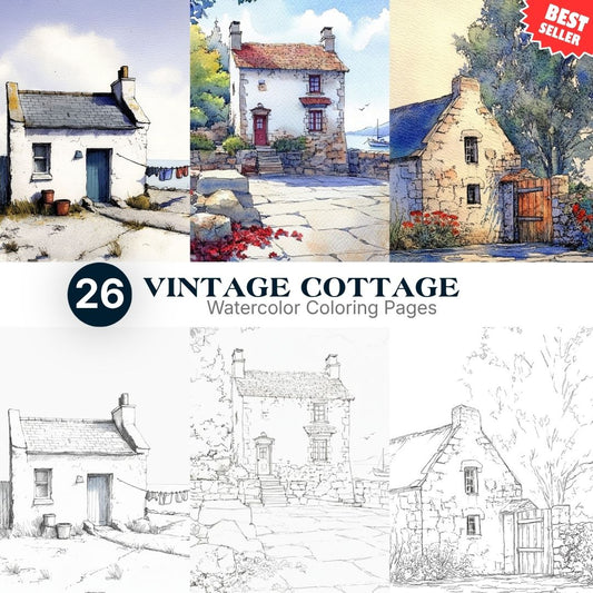 26 Vintage Cottage Watercolor Coloring Pages