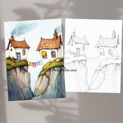 42 Memories House Watercolor Coloring Pages