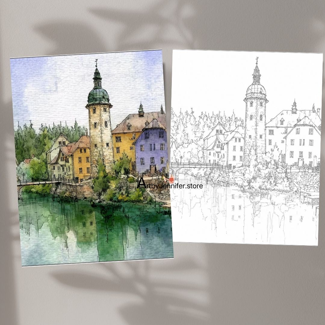 15 Colorful Town Scenes Watercolor Coloring Pages