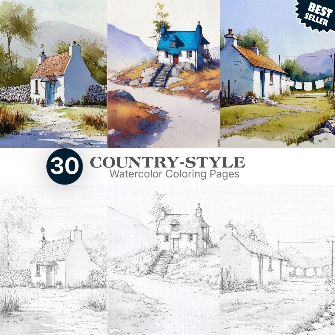 30 Country-Style Watercolor Coloring Pages