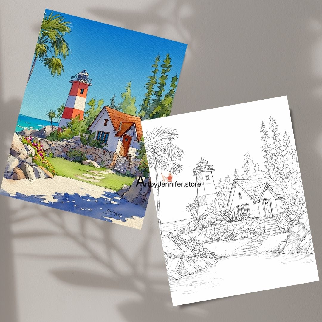 29 Simple Lighthouses Watercolor Coloring Pages