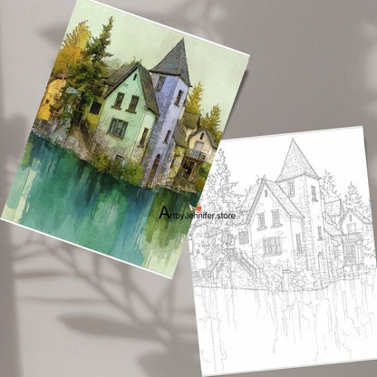 15 Colorful Town Scenes Watercolor Coloring Pages