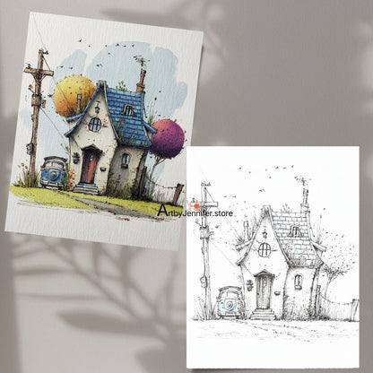 21 Whimsical House Watercolor Coloring Pages