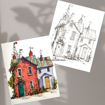 21 Whimsical House Watercolor Coloring Pages